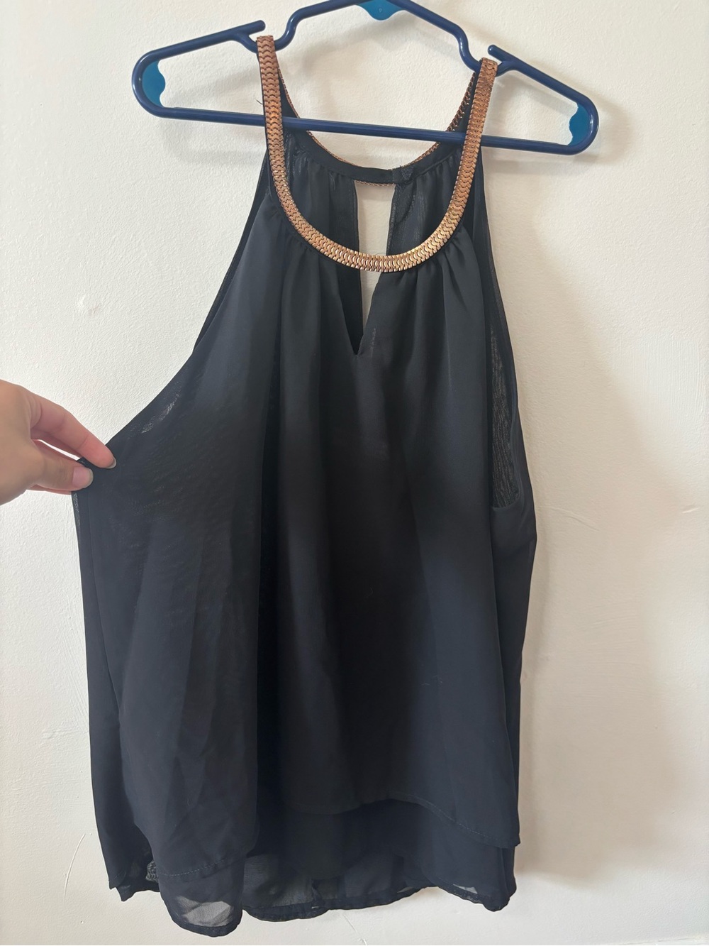Chocolate Black Chiffon Halter Camisole with Gold Chain Trim